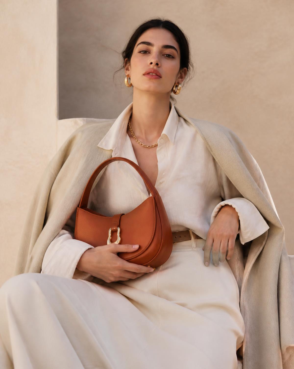 Model with a terracotta leather Tehuli handbag
